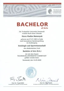 Wadim Matsenyuk – Zertifikat Sportwissenschaftler B.A.