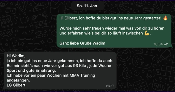 WhatsApp-Nachricht von Gilbert über sein Ergebnis nach dem Online-Coaching